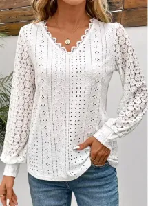 Modlily White Patchwork Long Sleeve V Neck T Shirt - L #1226712