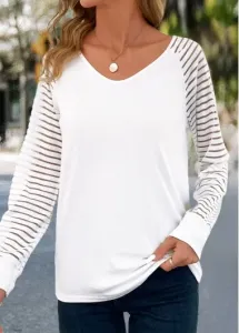 Modlily White Patchwork Long Sleeve V Neck T Shirt - M #1208515