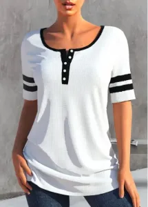 Modlily White Patchwork Short Sleeve Round Neck T Shirt - M #865964