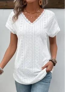 Modlily White Patchwork Short Sleeve V Neck T Shirt - 2XL #1267464