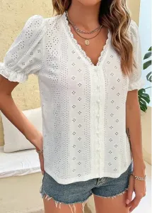 Modlily White Patchwork Short Sleeve V Neck T Shirt - L #863530