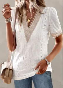 Modlily White Patchwork Short Sleeve V Neck T Shirt - M