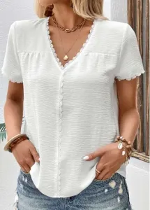 Modlily White Patchwork Short Sleeve V Neck T Shirt - M #914207
