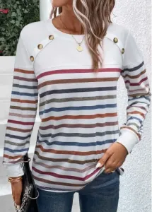 Modlily White Patchwork Striped Long Sleeve T Shirt - L