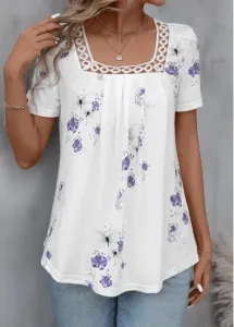 Modlily White Pleated Floral Print Short Sleeve T Shirt - 2XL
