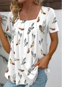 Modlily White Ruched Feathers Print Short Sleeve T Shirt - XXL