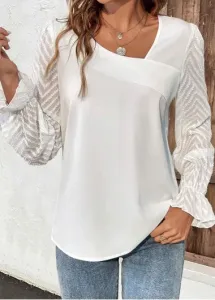 Modlily White Ruched Long Sleeve Asymmetrical Neck T Shirt - M
