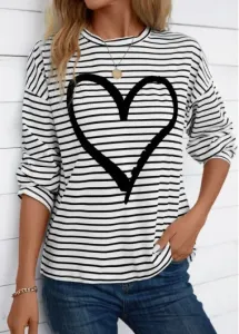 Modlily White Striped Long Sleeve Round Neck T Shirt - M