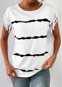 Modlily White Tassel Striped Short Sleeve T Shirt - M