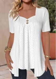 Modlily White Textured Fabric Short Sleeve Heart Collar T Shirt - XXL