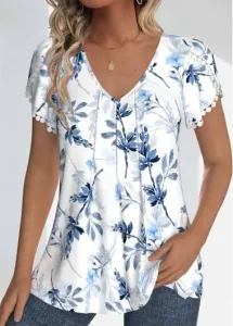 Modlily White Tuck Stitch Floral Print Short Sleeve T Shirt - XL