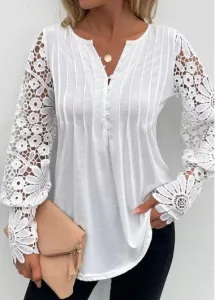 Modlily White Tuck Stitch Long Sleeve Split Neck T Shirt - S