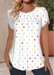Modlily White Tuck Stitch Polka Dot Short Sleeve T Shirt - L