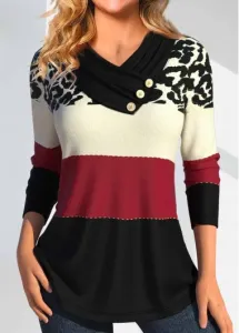 Modlily Wine Red Button Leopard Long Sleeve T Shirt - M