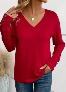Modlily Wine Red Button Long Sleeve V Neck T Shirt - L #1189551