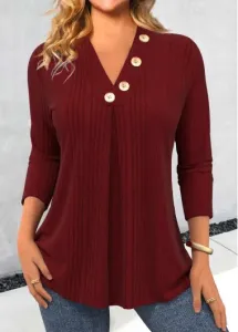 Modlily Wine Red Button Long Sleeve V Neck T Shirt - XXL