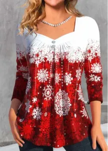 Modlily Wine Red Button Snowflake Print Long Sleeve T Shirt - XL