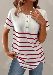 Modlily Wine Red Button Striped Short Sleeve T Shirt - XL