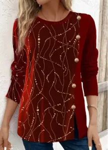 Modlily Wine Red Hot Stamping Long Sleeve T Shirt - M