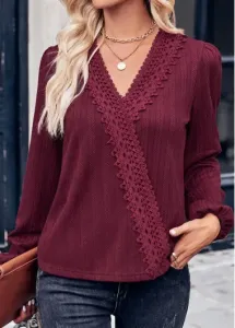 Modlily Wine Red Lace Long Sleeve T Shirt - L
