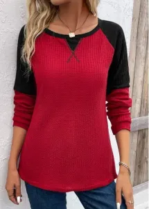 Modlily Wine Red Patchwork Long Sleeve Round Neck T Shirt - M