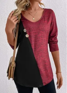 Modlily Wine Red Patchwork Long Sleeve V Neck T Shirt - 2XL #1228555
