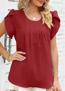 Modlily Wine Red Ruched Short Sleeve T Shirt - M