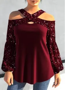Modlily Wine Red Sequin Long Sleeve T Shirt - M #163699