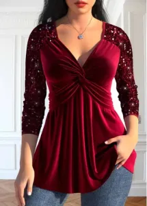 Modlily Wine Red Sequin Long Sleeve V Neck T Shirt - L #1181416
