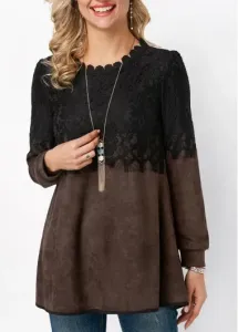Modlily Women's Brown And Black Tops For Women Lace Panel Round Neck Long Sleeve T Shirt - XS