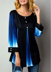 Modlily Women's Button Up Blue And Black Ombre Casual Tunic Top - S