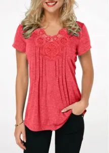 Modlily Women Casual Tunic Top Crinkle Chest Short Sleeve Coral Red T Shirt - L