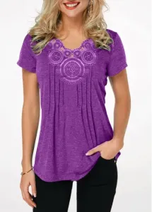 Modlily Women's Purple Casual Tunic Top Lavender Crinkle Chest Short Sleeve T Shirt - L