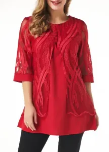Modlily Women's Red Half Sleeve Lace Panel Faux Two Piece Casual Shirt - M