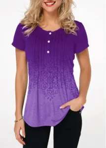 Modlily Women's Short Sleeve Purple Casual Shirt Gradient Crinkle Chest Button Detail Printed T Shirt - XXL