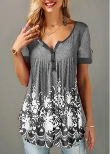 Modlily Womens Grey Summer Shirt Button Detail Printed Short Sleeve T Shirt - S