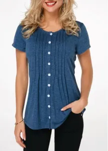 Modlily Womens Womens Henley T Shirt Button Up Crinkle Chest Navy Blue T Shirt - L