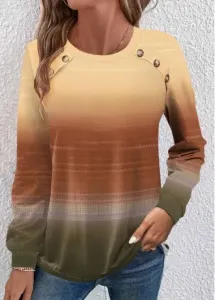 Modlily Yellow Button Ombre Long Sleeve Round Neck T Shirt - S