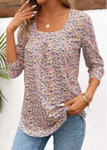 Modlily Yellow Ruched Ditsy Floral Print Long Sleeve T Shirt - M