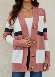 Modlily Pink Button Striped Long Sleeve Cardigan - XL