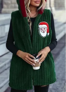 Modlily Christmas Green Santa Claus Print Sleeveless Hooded Waistcoat - 2XL