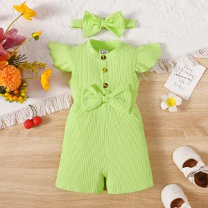 2pcs Baby Girl 95% Cotton Bow Front Flutter-sleeve Rib-knit Jumpsuit with Headband #1038902