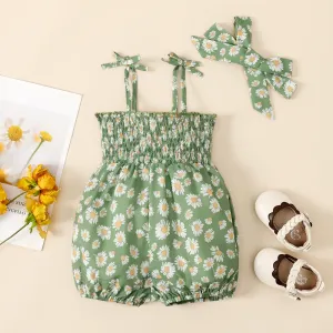 2pcs Baby Girl Floral Print Textured Slip Romper and Headband Set #1033961