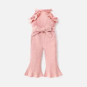 2pcs Baby Girl Pink Cotton Ribbed Ruffle Trim Halter Sleeveless Bell Bottom Jumpsuit & Belt Set #765620