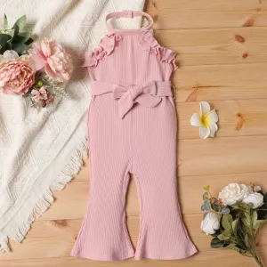 2pcs Baby Girl Pink Cotton Ribbed Ruffle Trim Halter Sleeveless Bell Bottom Jumpsuit & Belt Set #765622