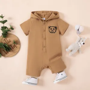 Baby Boy 100% Cotton Bear Graphic Button Placket Hooded Jumpsuit #1042115