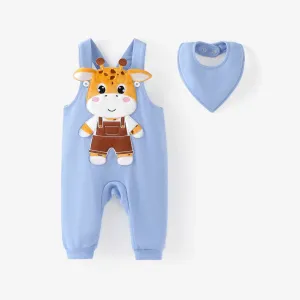 Baby Boy/Girl 2pcs Giraffe Embroidery Jumpsuit and Bib Set