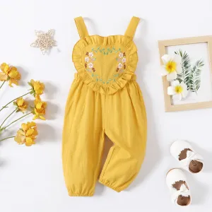 Baby Girl 100% Cotton Floral Embroidered Ruffle Trim Jumpsuit Pants #825604