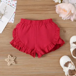 Baby Girl 100% Cotton Solid Ruffle Trim Shorts #1038813