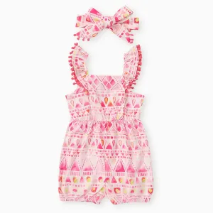 Baby Girl 2pcs Geometric Pattern Flutter Sleeve Jumpsuit and Headband Set #1322408